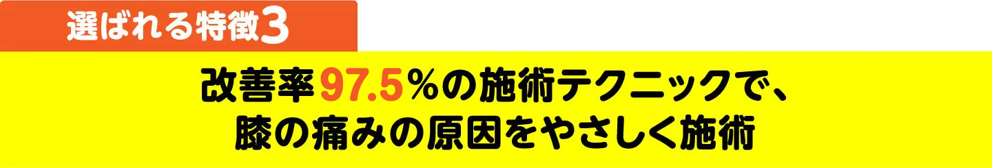 選ばれる特徴3 改善率97.5%の施術テクニックで、膝の痛みの原因をやさしく施術