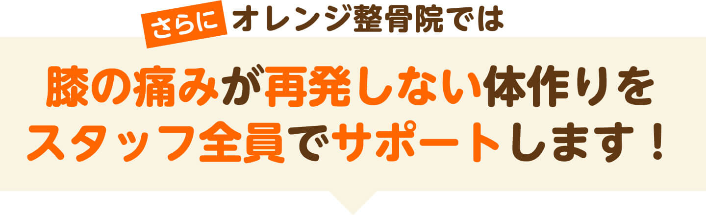 さらにオレンジ整骨院では膝の痛みが再発しない体作りをスタッフ全員でサポートします