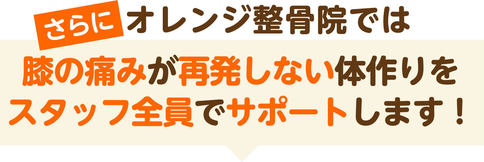 さらにオレンジ整骨院では膝の痛みが再発しない体作りをスタッフ全員でサポートします