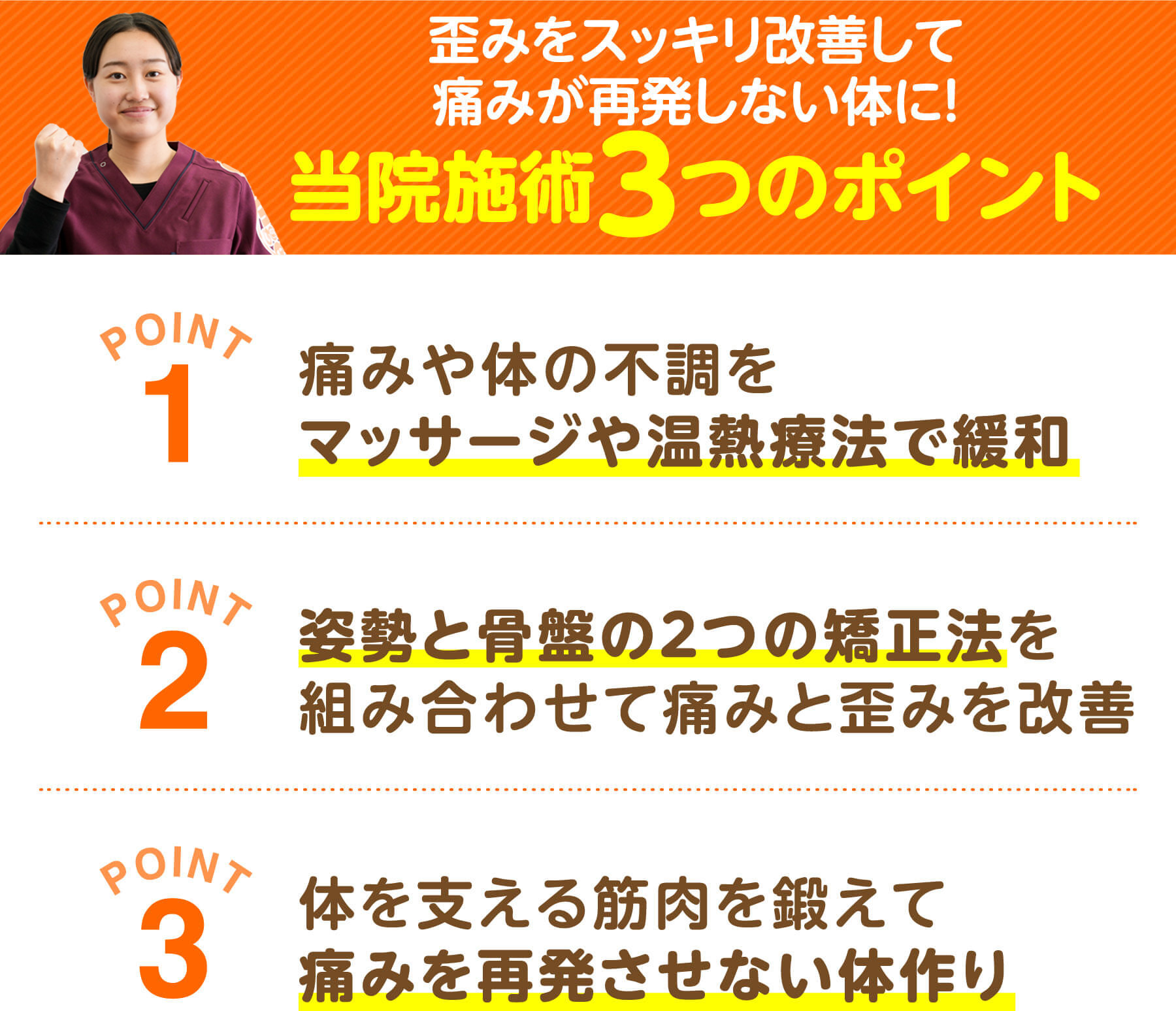 歪みをスッキリ改善して痛みが再発しない体に 当院施術3つのポイント（マッサージや温熱療法で緩和・姿勢と骨盤の2つの矯正法・体を支える筋肉を鍛える）