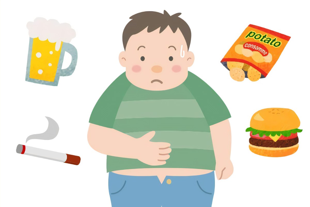 飲酒・喫煙・食生活の乱れで不調な男性のイラスト