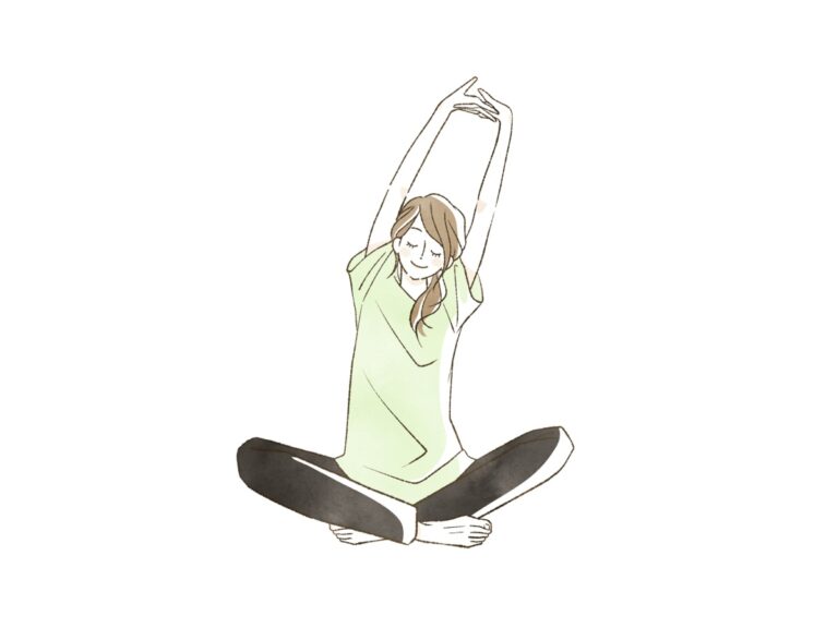 あぐらで座り両腕を頭の上に伸ばす女性のイラスト