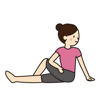 片膝を立てて体をひねるストレッチをする女性のイラスト